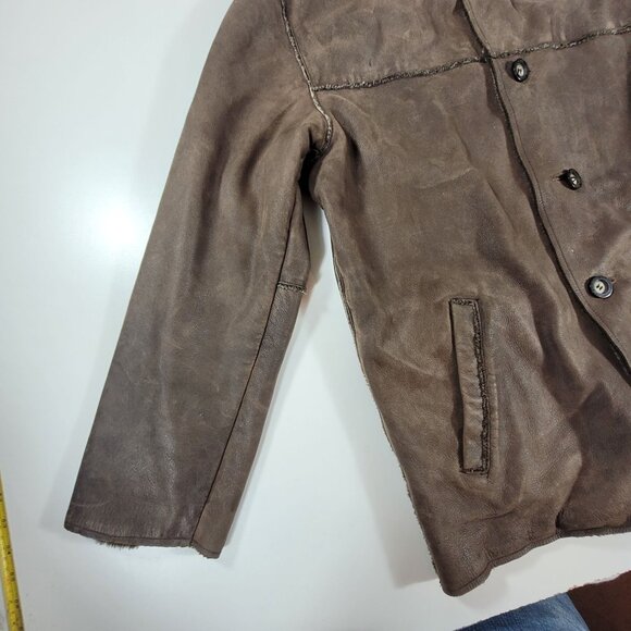 Men's Guess Leather Frontier Sherpa Fleece Lined Jacket Coat Sz Large Brown READ - Picture 10 of 16